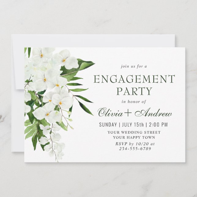 Invitation Elégante Orchidées Blanches Bohême ENGAGEMENT PART (Devant)