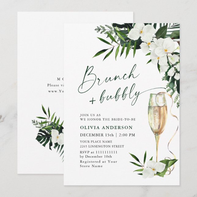 Invitation Elégante Orchidées Blanches BRUNCH et BUBBLY (Devant / Derrière)