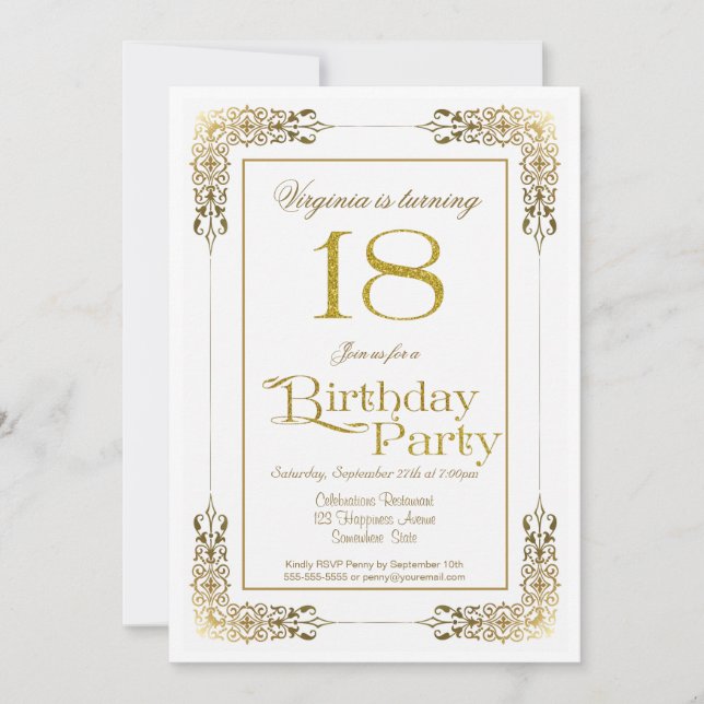 Invitation Elégante Ornate Gold Lace 18e fête d'anniversaire (Devant)