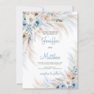 Invitation Élégante pampa florale en ivoire bleu poussiéreux 