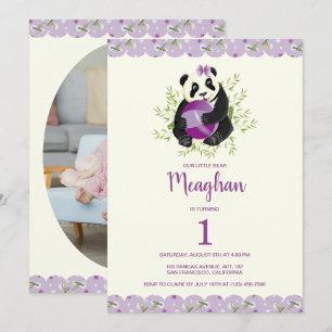 Invitation Elégante Panda Girly 1er Anniversaire Pale Lilac I