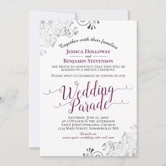 Invitation Élégante Parade Mariage Cassis Purple & Lacy Argen (Devant)