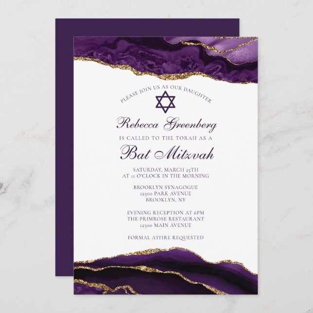 Invitation Élégante partie Bat mitzvah de glam or violet (Devant / Derrière)