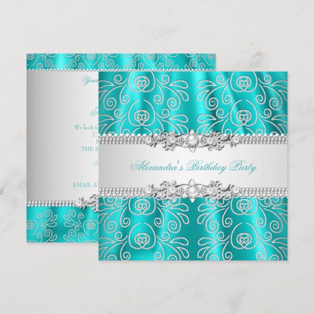 Invitation Élégante Partie de carreaux de dentelle argentée T (Devant / Derrière)