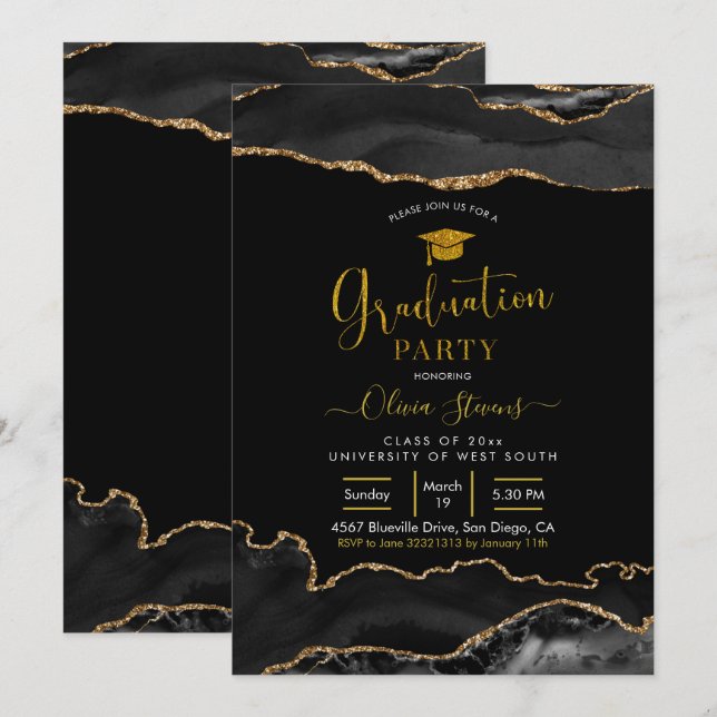 Invitation Élégante Partie de Graduation d'âge noir et or (Devant / Derrière)