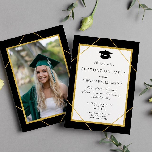 Invitation Élégante partie de graduation en or noir en écritu (Créateur téléchargé)