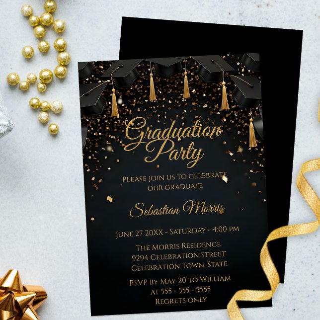 Invitation Élégante Partie de Graduation Noire et Or (Créateur téléchargé)