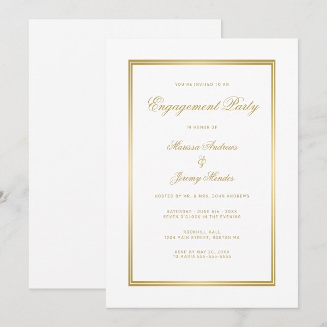 Invitation Élégante partie de l'engagement de Script Gold Bla (Devant / Derrière)