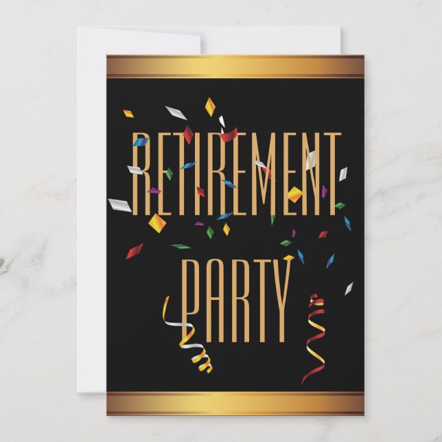 Invitation Élégante partie de retraite Confetti Noir & Or (Devant)