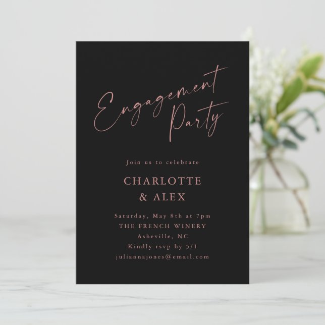Invitation Élégante partie d'engagement de script noir rose (Debout devant)