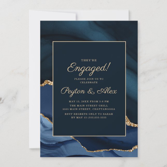 Invitation Élégante Partie d'engagement en marbre bleu or de  (Devant)