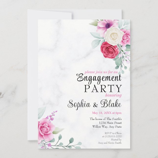 Invitation Élégante Partie d'engagement en marbre rose et rou (Devant)