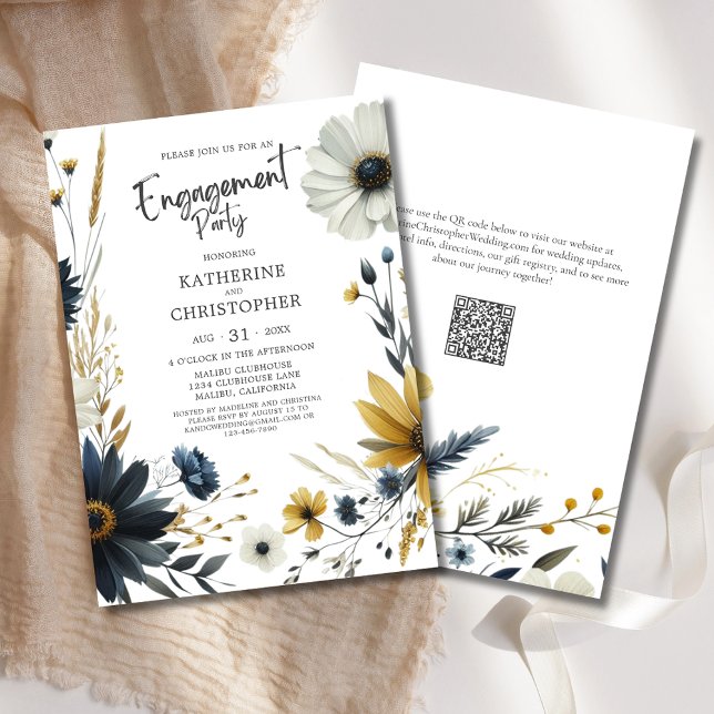 Invitation Élégante partie d'engagement Fleur sauvage (Watercolor Wildflowers Engagement Party Invitation with Blue & Yellow Wildflowers, modern typography)