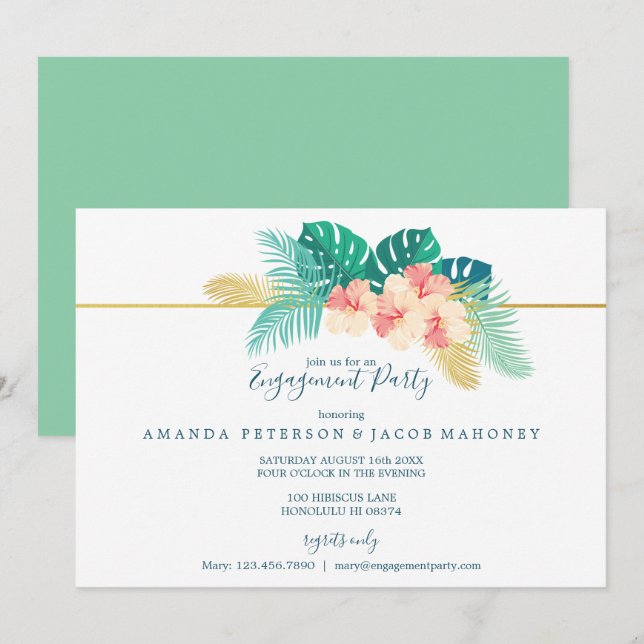 Invitation Élégante partie d'engagement Mariage de l'Hibiscus (Devant / Derrière)