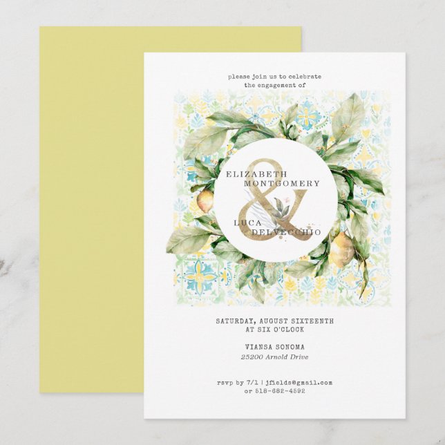 Invitation Élégante Partie d'engagement Mariage Lemon Grove (Devant / Derrière)