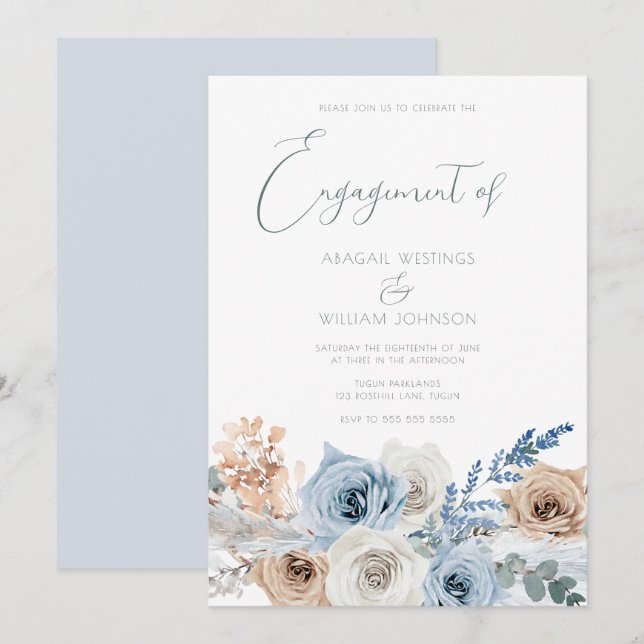 Invitation Élégante partie d'engagement moderne Boho Blue (Devant / Derrière)