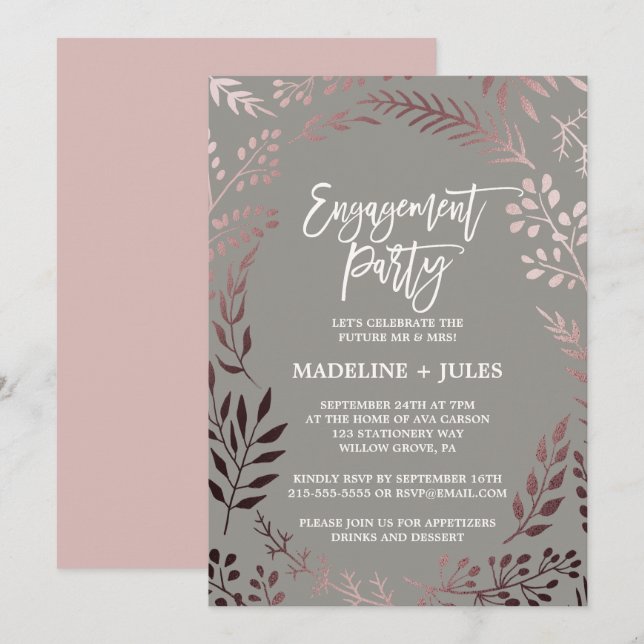 Invitation Élégante partie d'engagement Rose Gold et Grey (Devant / Derrière)
