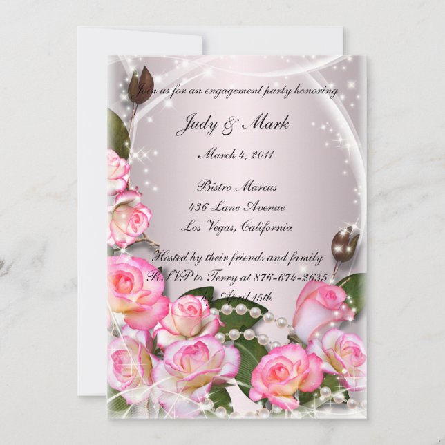 Invitation Élégante Partie D'Engagement Roses Et Perles Roses (Devant)