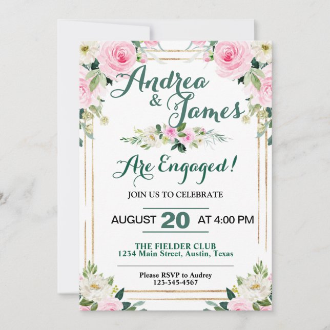 Invitation Élégante Partie d'engagement Roses Roses Roses Ros (Devant)