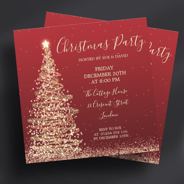 Invitation Élégante Parties scintillant Arbre Rouge Noël (Elegant Glitter Tree Red Christmas Party Invitation)