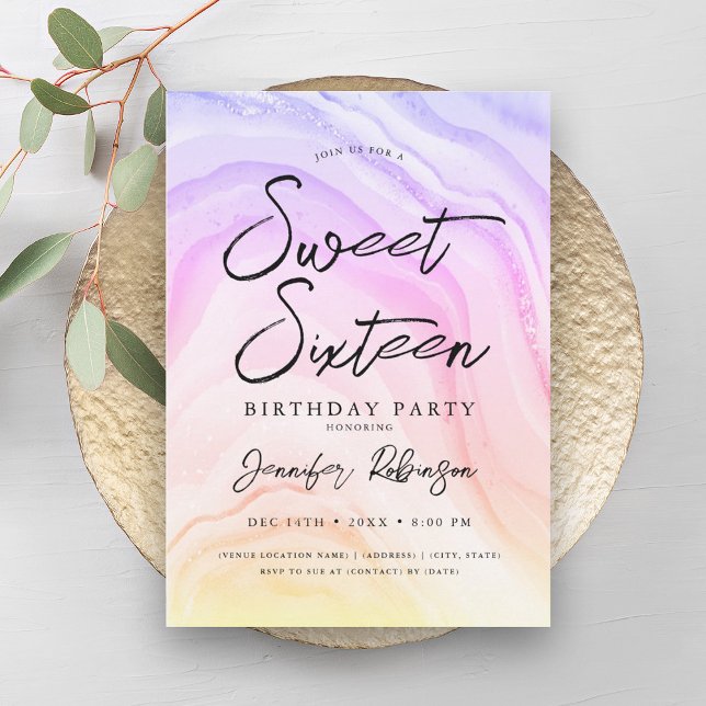 Invitation Elégante Parties scintillant arc-en-ciel Chic Marb (Elegant Rainbow Glitter Chic Marble Glam Sweet 16 Invitation)