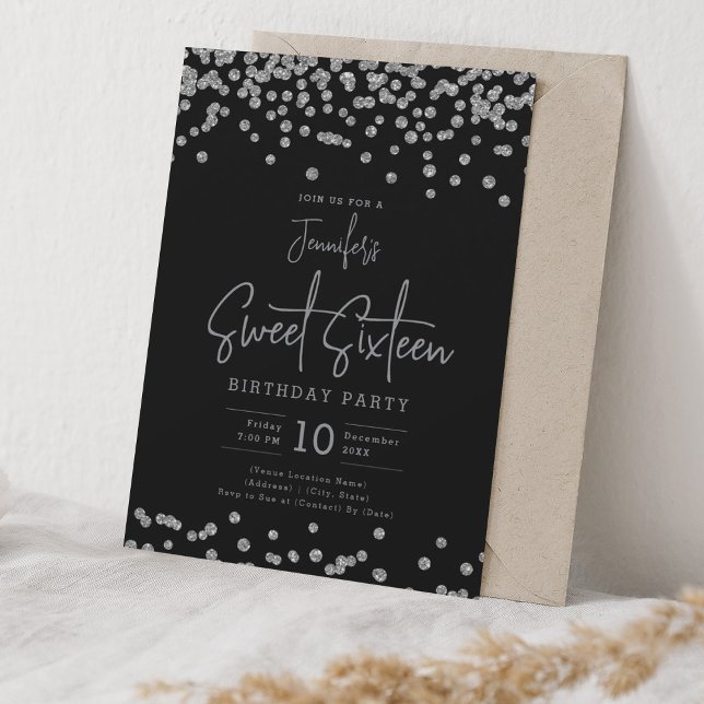 Invitation Elégante Parties scintillant Argent Confetti Sweet (Elegant Silver Glitter Confetti Sweet 16 Black Invitation)