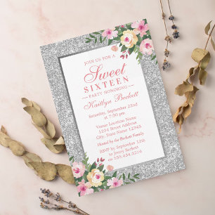 Invitation Elégante Parties scintillant Argent Floral Sweet 1