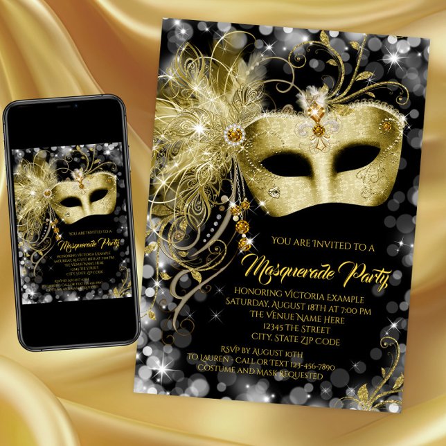 Invitation Elégante Parties scintillant Black Gold Masquerade (Black and gold masquerade party invitation with jewel gold mask. Print and download available.)