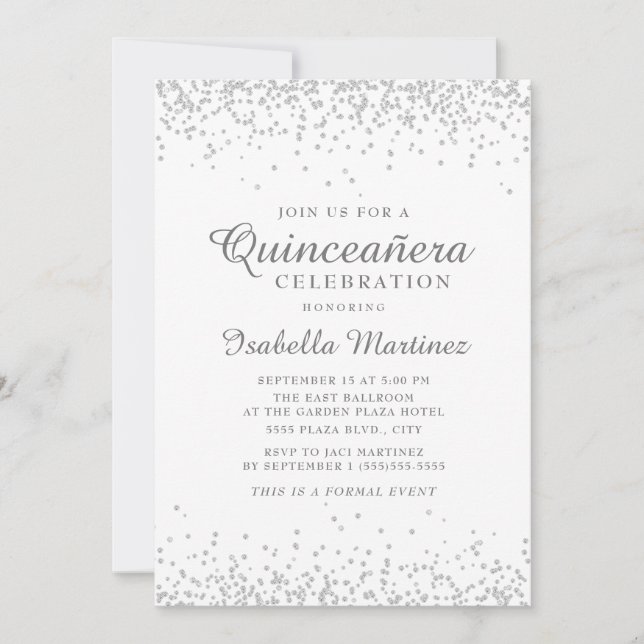 Invitation Elégante Parties scintillant blanche en argent Qui (Devant)