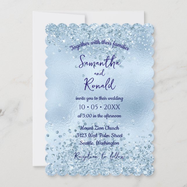 Invitation Elégante Parties scintillant Bleu Bébé et Mariage  (Devant)