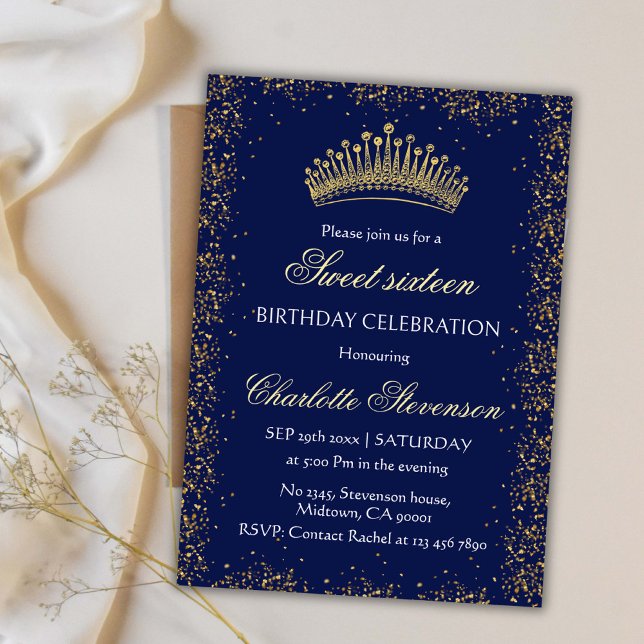 Invitation Elégante Parties scintillant bleue Gold Couronne S (Créateur téléchargé)