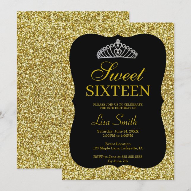Invitation Élégante Parties scintillant Chic Or Tiara Sweet 1 (Devant / Derrière)