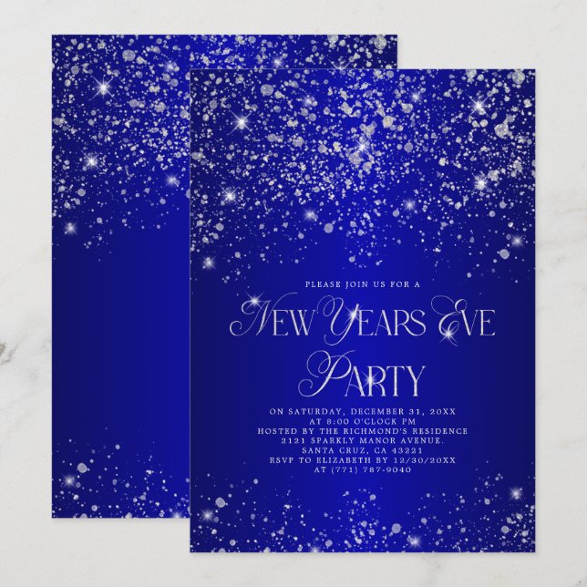 Invitation Elégante Parties scintillant d'argent bleu Nouvel  (Devant / Derrière)