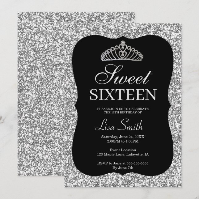 Invitation Élégante Parties scintillant d'argent chic Tiara S (Devant / Derrière)