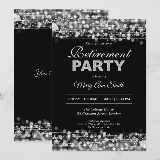 Invitation Élégante Parties scintillant d'argent du Parti de  (Devant / Derrière)