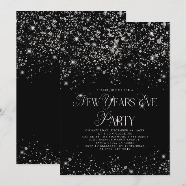 Invitation Elégante Parties scintillant d'argent noir Nouvel  (Devant / Derrière)