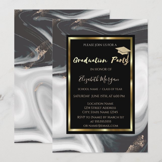 Invitation Élégante Parties scintillant de marbre Graduation  (Devant / Derrière)