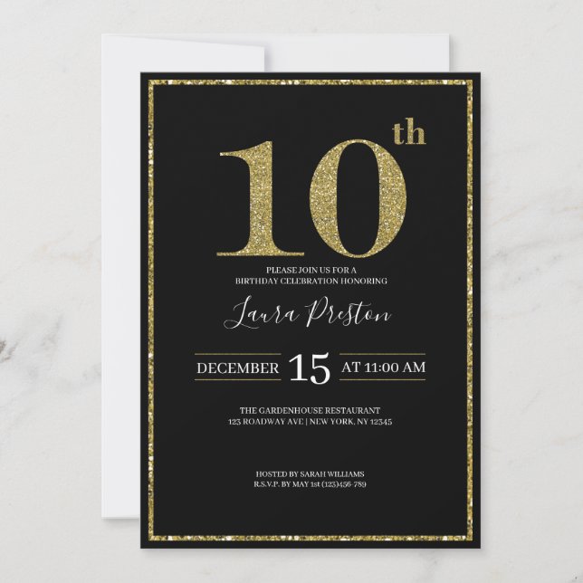 Invitation Elégante Parties scintillant d'or 10e anniversaire (Devant)