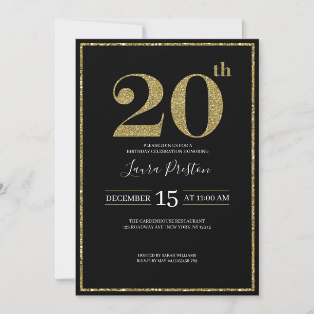Invitation Élégante Parties scintillant d'or 20e anniversaire (Devant)