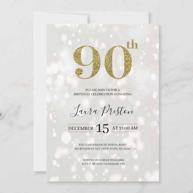 Invitation Elégante Parties scintillant d'or 90e anniversaire (Devant)