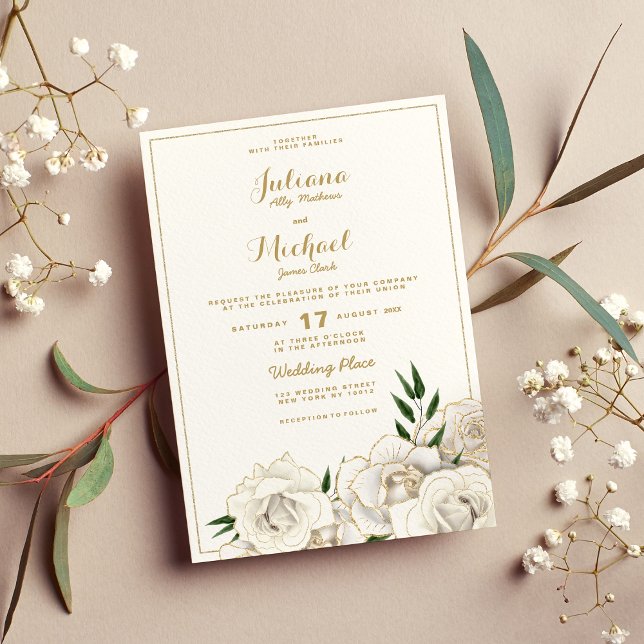 Invitation Elégante parties scintillant d'or blanc rose Maria (Elegant white gold glitter roses floral Wedding Invitation (Front )