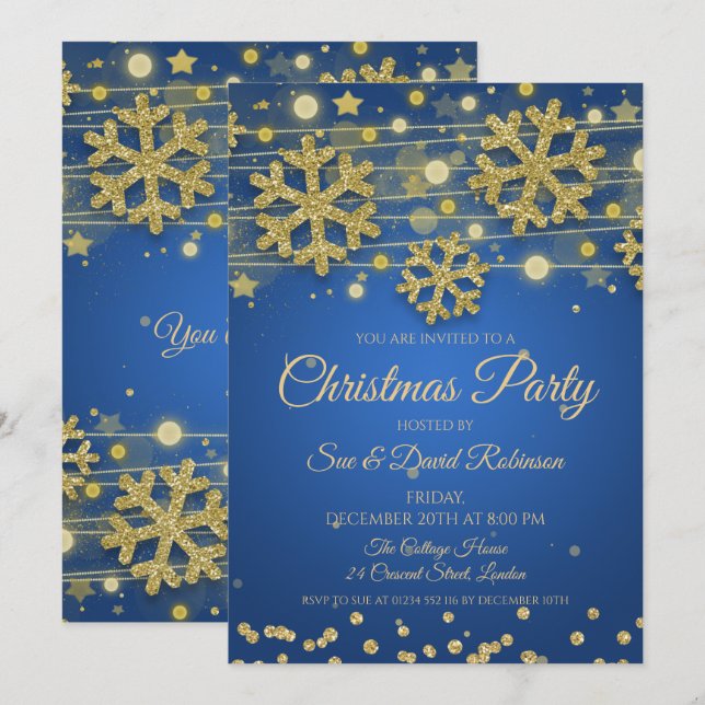 Invitation Elégante Parties scintillant d'or Bleu Noël Fête d (Devant / Derrière)