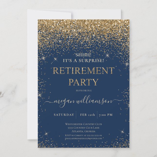 Invitation Élégante Parties scintillant d'or bleu partie de r (Devant)