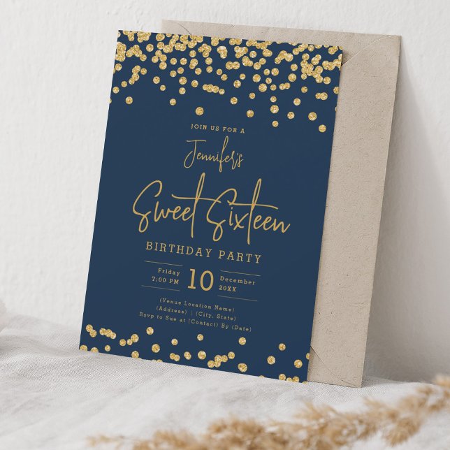 Invitation Elégante Parties scintillant d'or Confetti Sweet 1 (Elegant Gold Glitter Confetti Sweet 16 Navy Blue Invitation)
