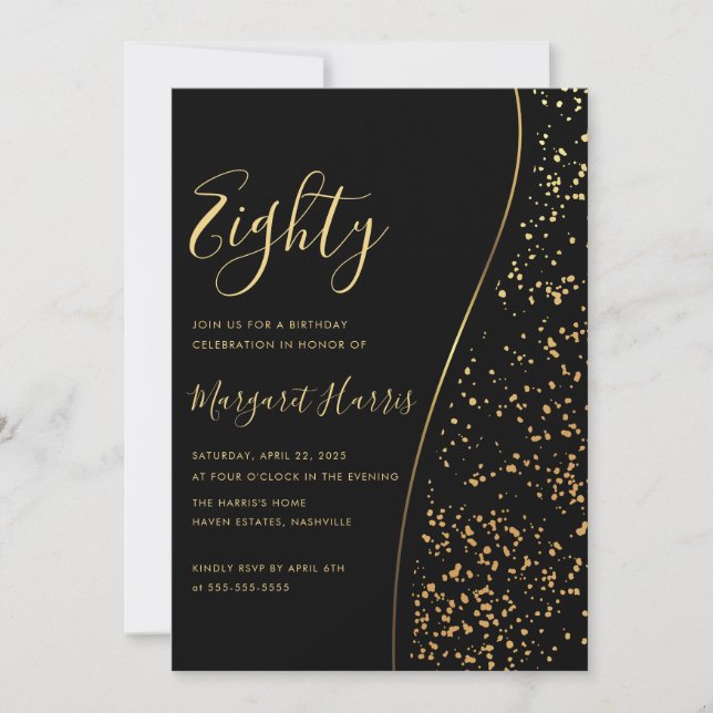 Invitation Elégante Parties scintillant d'or noir 80e anniver (Devant)