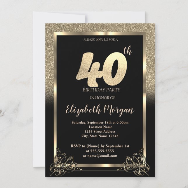 Invitation Elégante Parties scintillant d'or Ombre 40e fête d (Devant)