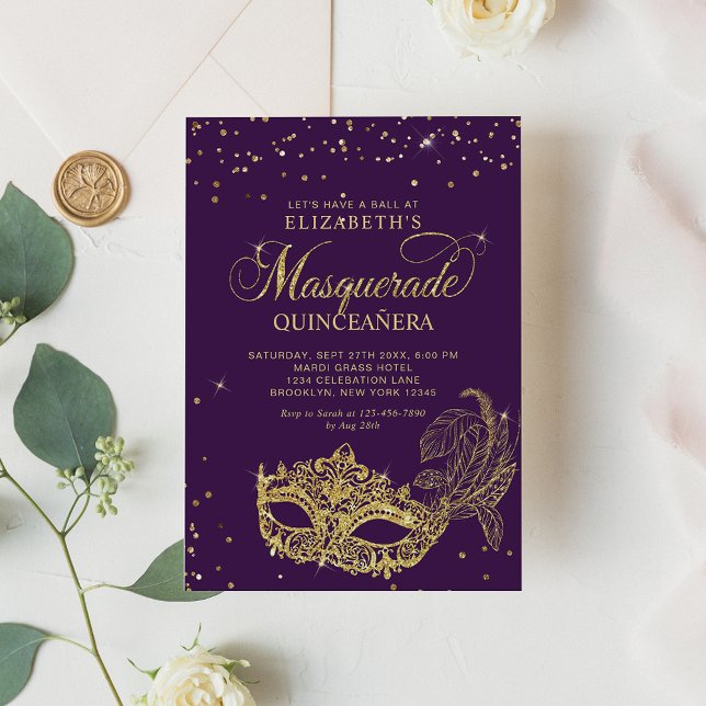 Invitation Elégante Parties scintillant d'or violet Masquerad (Créateur téléchargé)