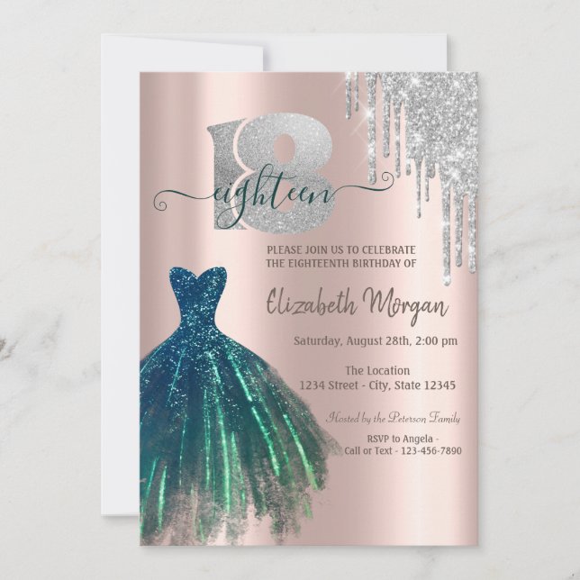 Invitation Elégante Parties scintillant Drips Robe verte 18e  (Devant)