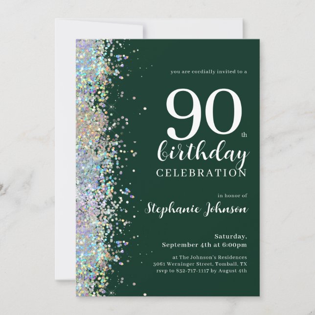 Invitation Élégante Parties scintillant Emerald Green 90e ann (Devant)