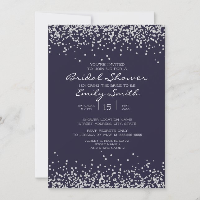 Invitation Elégante Parties scintillant en argent bleu marine (Devant)